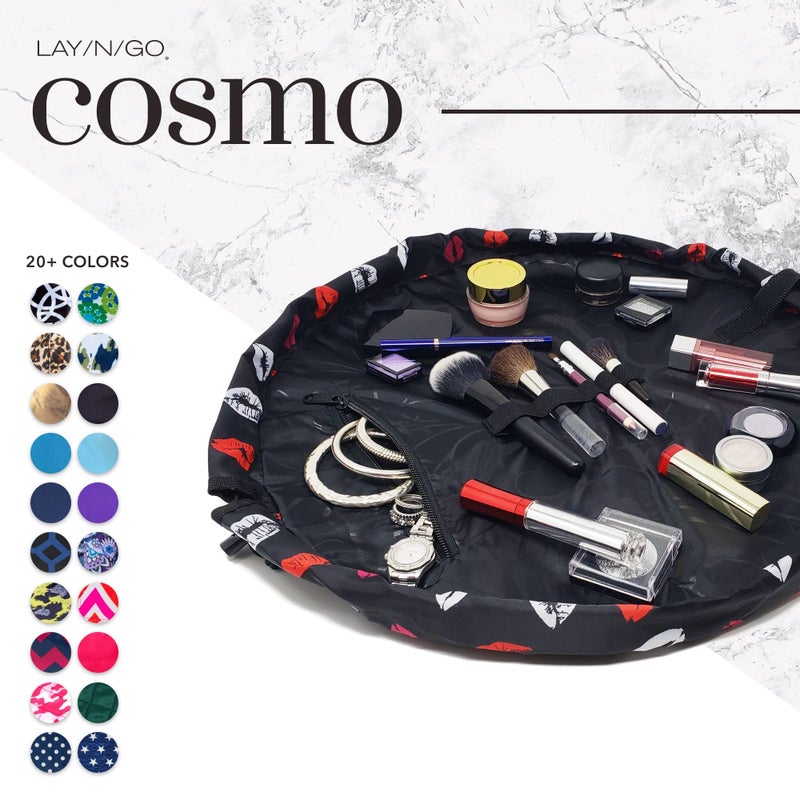 Lay-n-Go Cosmo Drawstring Cosmetic & Makeup Bag Organizer - Portable Drawstring Makeup Bag w/Zipper Pocket  Makeup Loops & More - Durable  Machine Washable Toiletry Bag for Travel (20""  Lips/Black) - Image 4